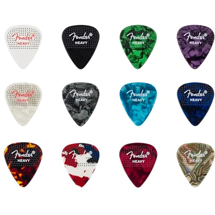 Fender 351 Dotted Celluloid Plektren, 12er Pack in verschiedenen Farben, Heavy, rutschfeste genoppte Oberfläche – Bild 1