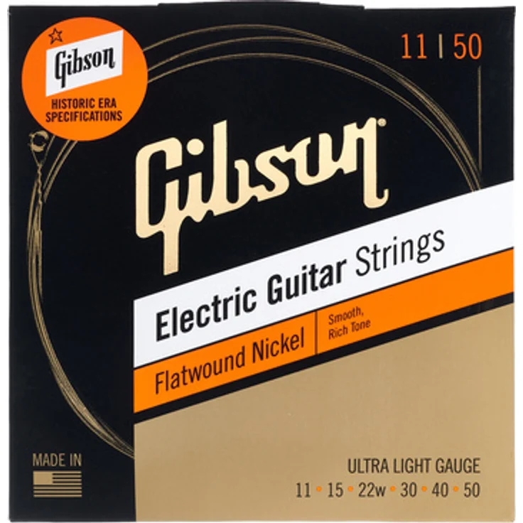 Gibson SEG-FW11 Flatwound Ultra Light E-Gitarre Saiten, Vintage Reissue, 011-050, Edelstahl Flat Wound für warmen Ton und angenehmes Spielgefühl