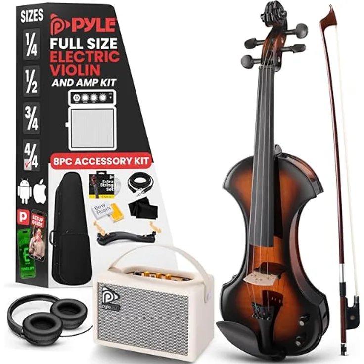 Pyle Elektrische Geige 4/4, E Violine mit Zubehör, inkl. Koffer, Tuner & Verstärker in Sunburst-Optik
