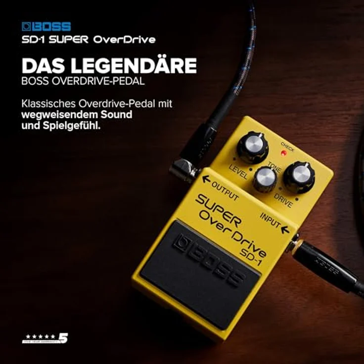 Boss SD-1 Overdrive, Effektpedal für warme Röhren-Amp Verzerrung, Level-Tone-Drive Regler, kompaktes Design 73 x 130 x 60 mm – Bild 3