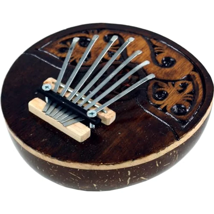 GURU SHOP Kalimba, Handgearbeitetes Percussion Instrument aus Kokosnuss mit balinesischen Motiven, Ø 13-17 cm – Bild 1