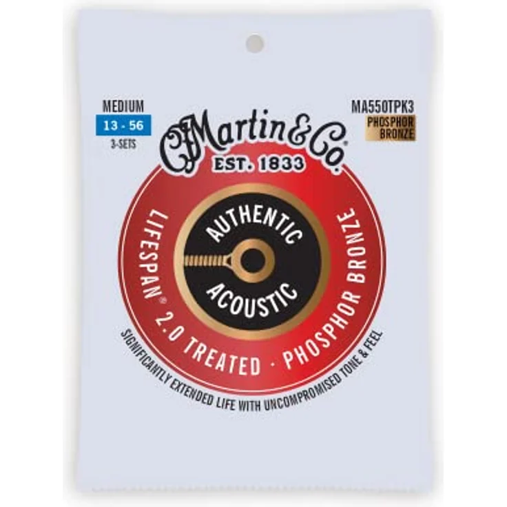 Martin 3er-Pack Akustikgitarrensaiten Lifespan 2.0 Medium 13-56, 98/2 Phosphor Bronze, hochflexible Saiten für beeindruckendes Spielgefühl – Bild 1