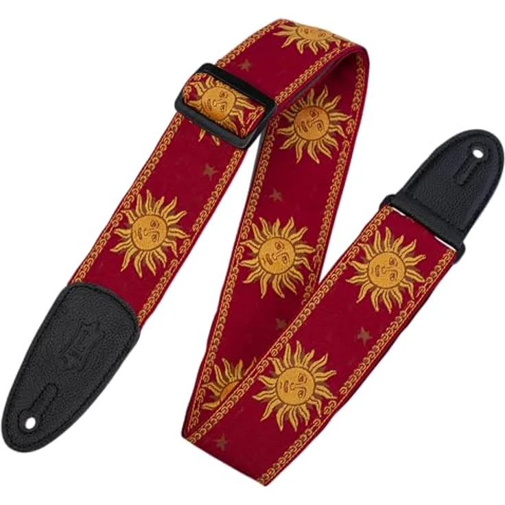Levys Woven Jacquard Strap 2", Gitarrengurt mit Sun-Motiv in Gelb auf Rot, verstellbar von 102 cm bis 145 cm, made in Canada