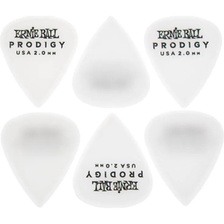 Ernie Ball Prodigy Picks, 6er Pack, 2 mm Stärke, Standardgröße, Weiß matt
