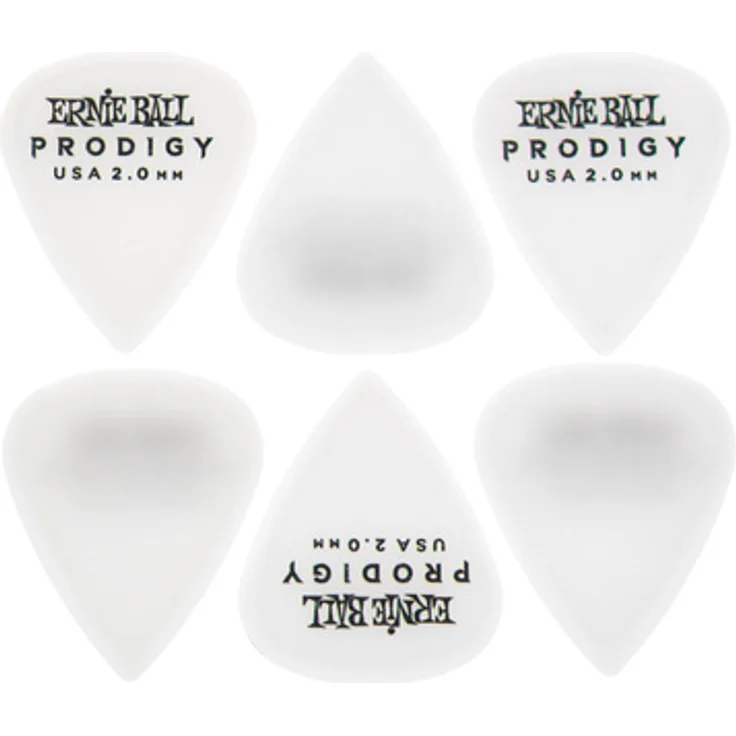 Ernie Ball Prodigy Picks, 6er Pack, 2 mm Stärke, Standardgröße, Weiß matt