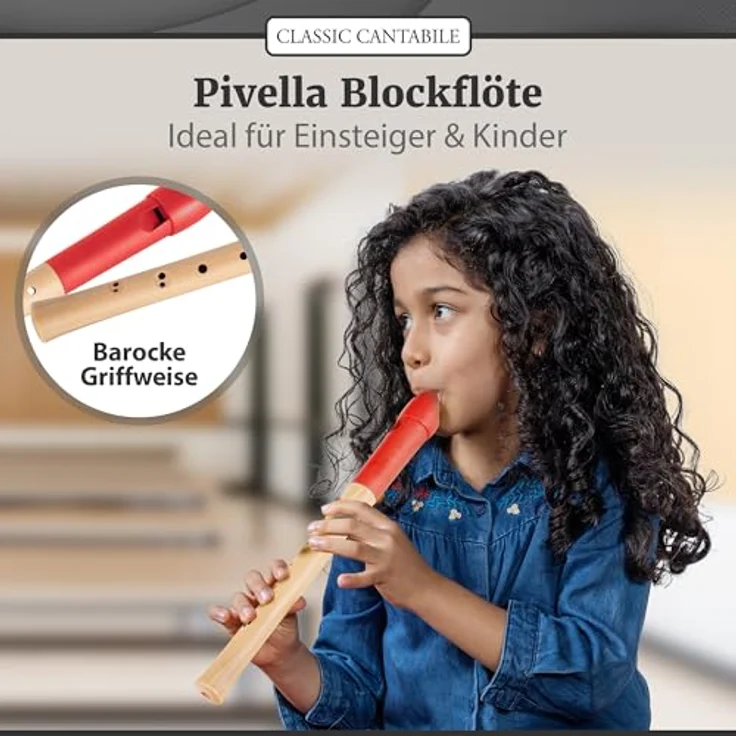 Classic Cantabile Pivella C-Sopran Blockflöte Set, Ahornholz mit Kunststoffkopf, barocke Griffweise, rot, inkl. Schule, Etui, Grifftabelle, Wischerstab und Korkfett – Bild 2