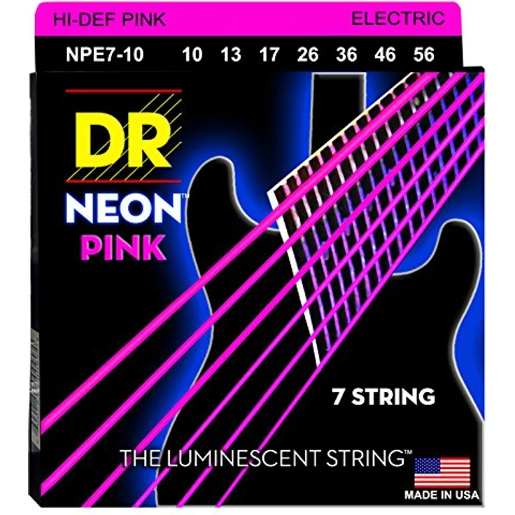 DR Strings HI-DEF NEON Pink, Saiten für 7-Saiter E-Gitarre, Medium 10-56 mit K3-Beschichtung für lange Haltbarkeit und UV-Effekt – Bild 1