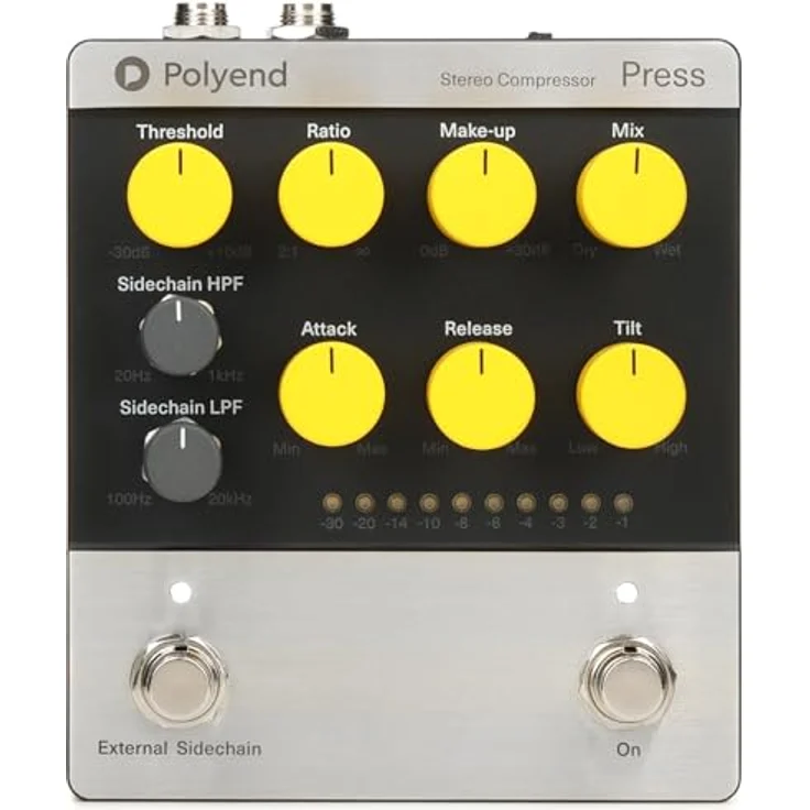 Polyend Press, Analoges Stereo-Kompressor Effektpedal für E-Gitarre und Synthesizer, mit einstellbaren Ratio, Threshold, Attack und Release – Bild 4