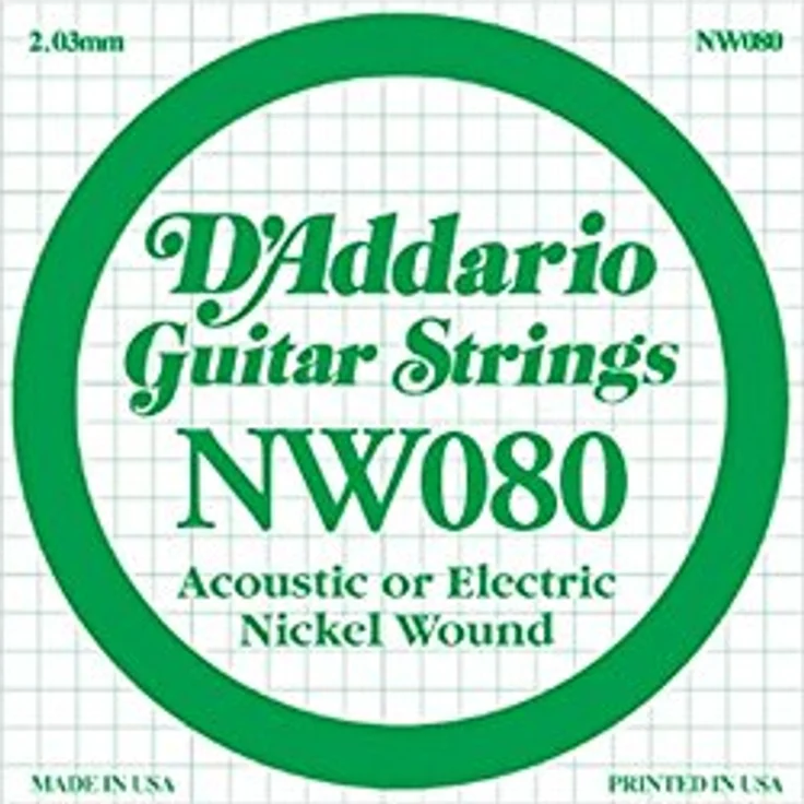 D'Addario NW080, Nickel-Einzelsaite für Gitarren, Saitenstärke 080, XL Nickel Round Wound