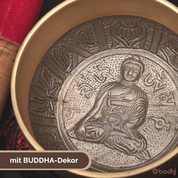 Bodhi Indische Klangschale Ø 11 cm, Messing mit Buddha Verzierung, Set inkl. Kissen, Klöppel & Geschenkbox, ideales spirituelles Geschenk in Gold/Holzfarben – Bild 5