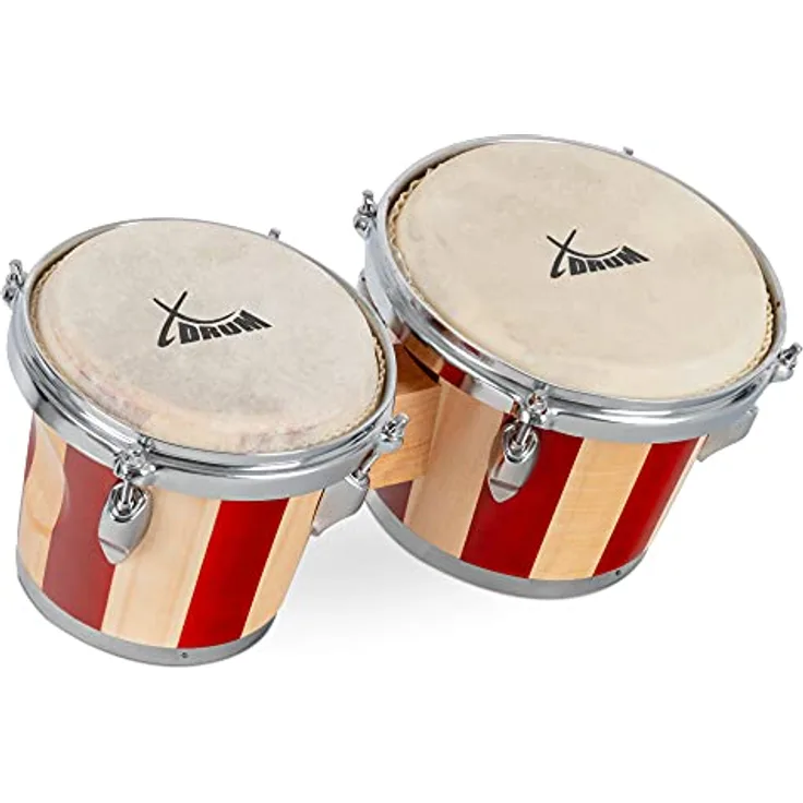 XDrum Bongos Retro, 2 Trommeln ("Macho" und "Hembra"), 16,5 cm und 19 cm, rot mit verstellbaren Stimmböckchen