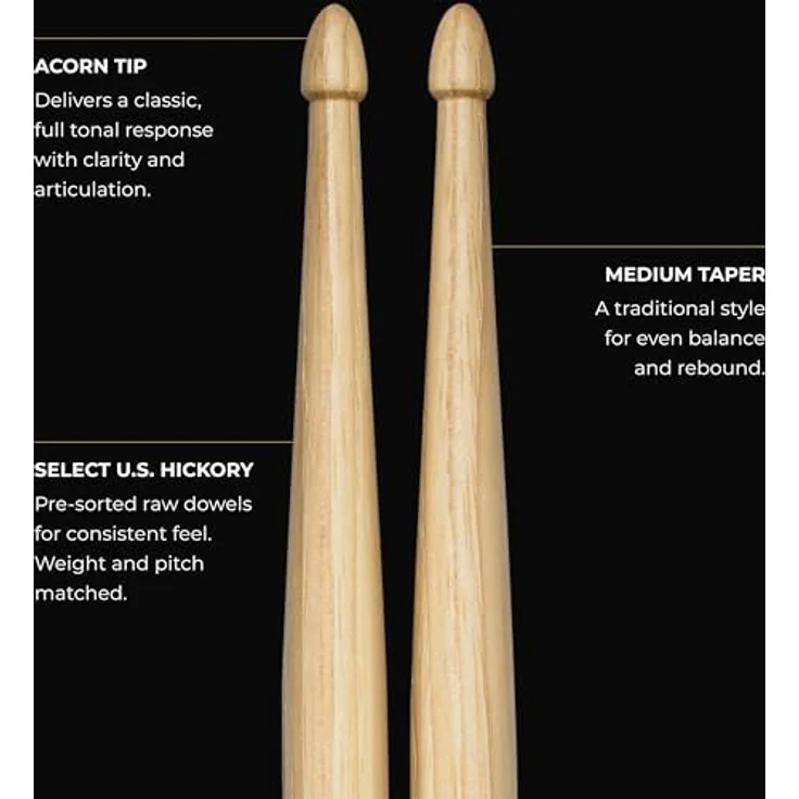 Meinl 7A Standard Hickory Drumsticks, schwer, 406 mm, eichelförmiger Holzkopf, made in Germany – Bild 4