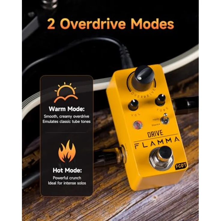 Flamma FC07 Overdrive, Overdrive-Pedal mit TS-Style-Sound, 2 Arbeitsmodi: Warm und Hot, 9V Stromverbrauch – Bild 2