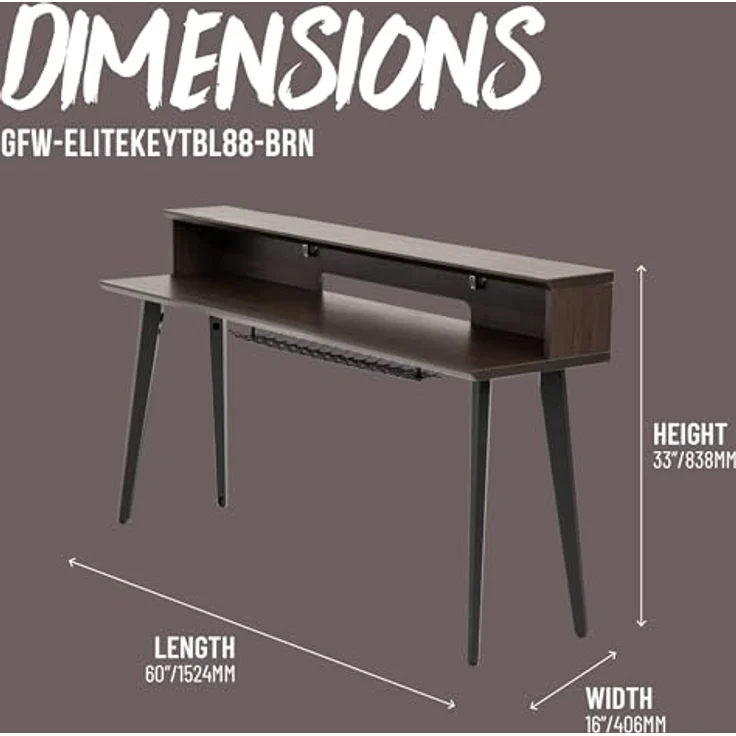 Gator Frameworks Elite Series Keyboard Möbel, Tisch für 88-Tasten-Keyboards mit doppelstöckiger Plattform, braun – Bild 2