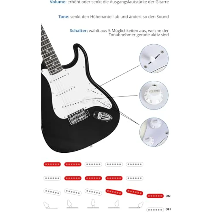 McGrey Rockit ST Komplettset E-Gitarre, 8-teiliges Anfängerset mit 10 Watt Verstärker, schwarzem Finish, inklusive Gitarrentasche, Stimmgerät und Zubehör – Bild 5