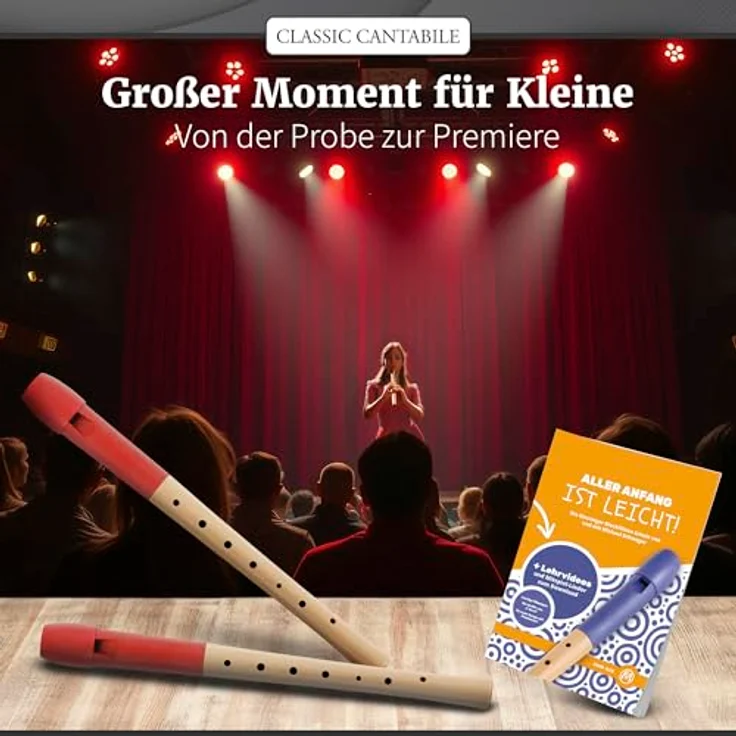 Classic Cantabile Pivella C-Sopran Blockflöte Set, Ahornholz mit Kunststoffkopf, Deutsche Griffweise, inkl. Flötenschule, Etui, Grifftabelle, Wischerstab und Korkfett, Rot – Bild 5