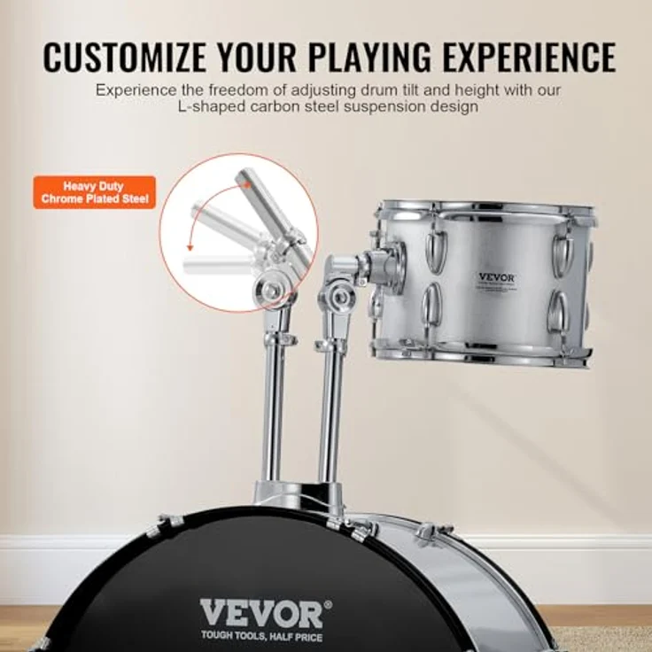 VEVOR 5-teiliges Schlagzeugset in Silber, mit Bass-Toms, Snare, verstellbaren Thronständern, Becken, Hi-Hat-Pedal und Drumsticks für Anfänger – Bild 4