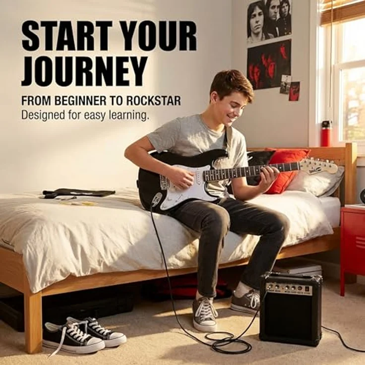 RockJam Full Size Electric Guitar Kit, E-Gitarre mit 10-Watt Verstärker, Lessons, Gurt, Gig Bag, Picks, Whammy, schwarze Farbe – Bild 5