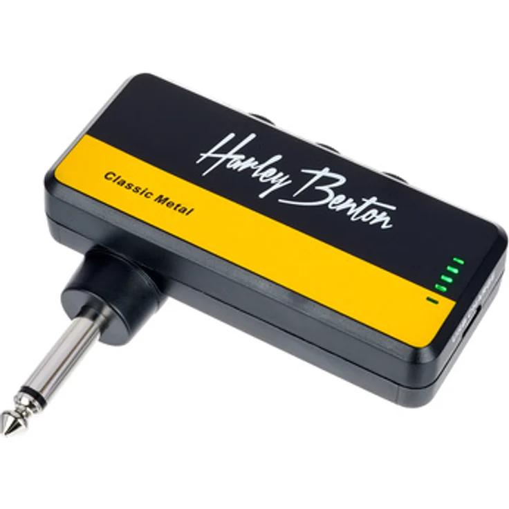Harley Benton Rockplug Metal, Mini Kopfhörer-Verstärker für E-Gitarre mit analogem Distortion Schaltkreis, einstellbarer Distortion, Tone & Volume, aufladbarem Lithium Akku, 15 Stunden Akkulaufzeit, inkl. Aux Input und Stereo Kabel