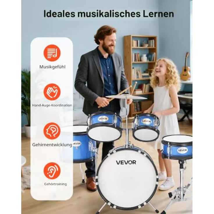 VEVOR Schlagzeug Set, 5-teilig für Kinder, 35,6 cm Basstrommel, 15,2 cm & 20,3 cm Tomtoms, 25,4 cm Standtom, 25,4 cm Crash-Becken, 20,3 cm Hi-Hat mit Ständer, blau – Bild 5