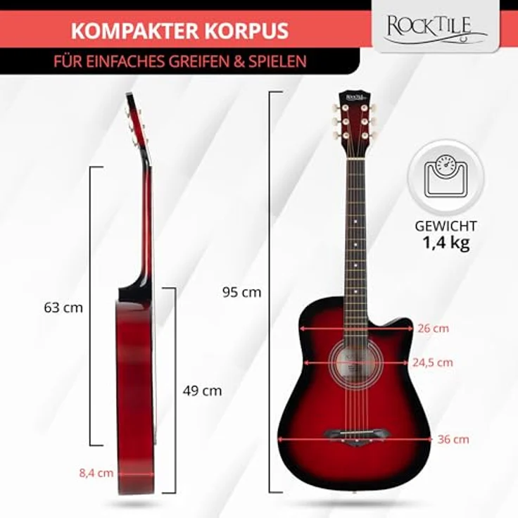Rocktile WSD-5C-RDB Slim Line Westerngitarre Set, Dreadnought Akustikgitarre mit Linde-Korpus, Catalpa-Hals, Redburst, inkl. Tasche, Ersatzsaiten, Gurt und Plektren – Bild 3