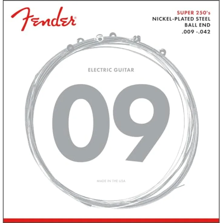 Fender Super 250 E-Gitarrensaiten 9-42, vernickelter Stahl, hoher Output, geschmeidiges Spielgefühl, Kugel-Ende, für Rock und Blues