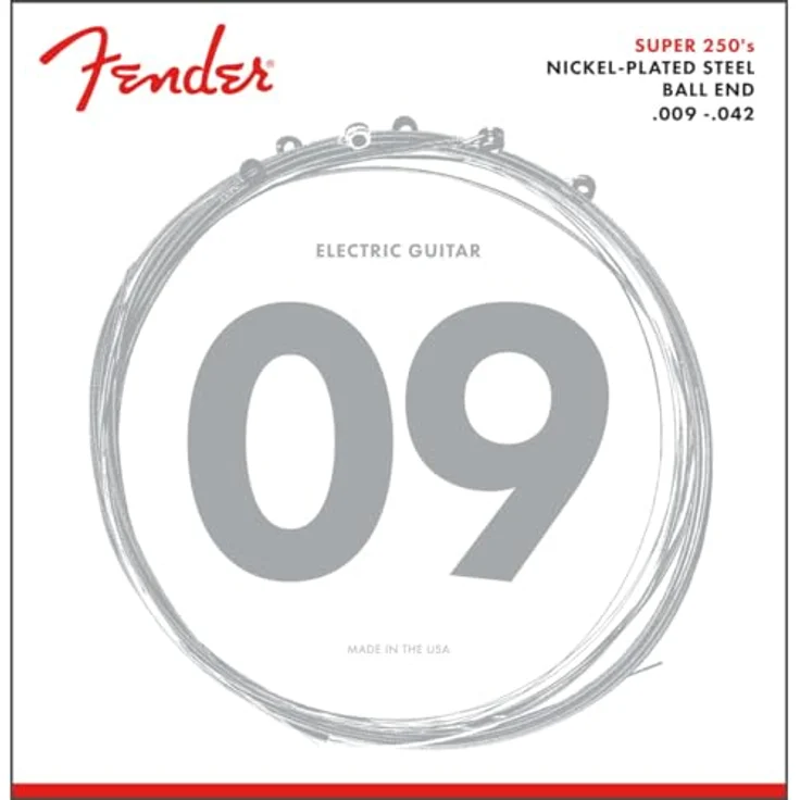 Fender Super 250 E-Gitarrensaiten 9-42, vernickelter Stahl, hoher Output, geschmeidiges Spielgefühl, Kugel-Ende, für Rock und Blues