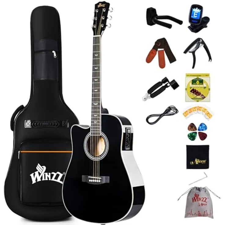 Winzz Elektro-Akustik Gitarre 4/4 für Linkshänder, Schwarz-Glänzend, inkl. 11 Zubehörteilen und Stahlsaiten, ideal für Anfänger und Kinder – Bild 1