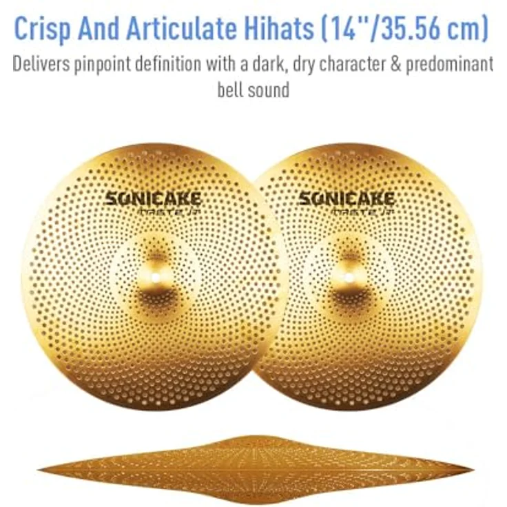 SONICAKE Cymbal Set, 14" HiHat + 16" Crash + 18" Crash + 20" Ride, leise, goldene Oberfläche, inkl. Beckentasche und Zubehör, 5 Teile – Bild 3