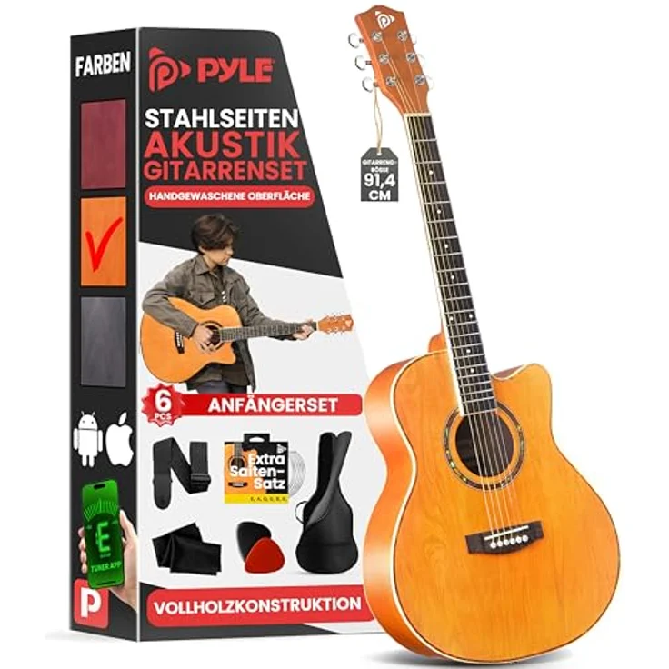 Pyle 3/4 Akustikgitarren-Set mit Stahlsaiten, Lindenholz, matt schwarz, inklusive Gigbag, Stimmgerät, Ersatzsaiten und Zubehör – Bild 1