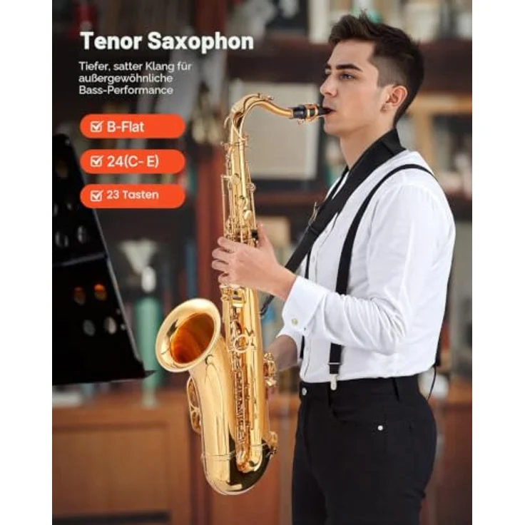 VEVOR Tenorsaxophon B-Dur, Messingsaxophon-Anfängerset mit 23 Tasten, Tragetasche, Mundstück und Zubehör, Gold – Bild 2