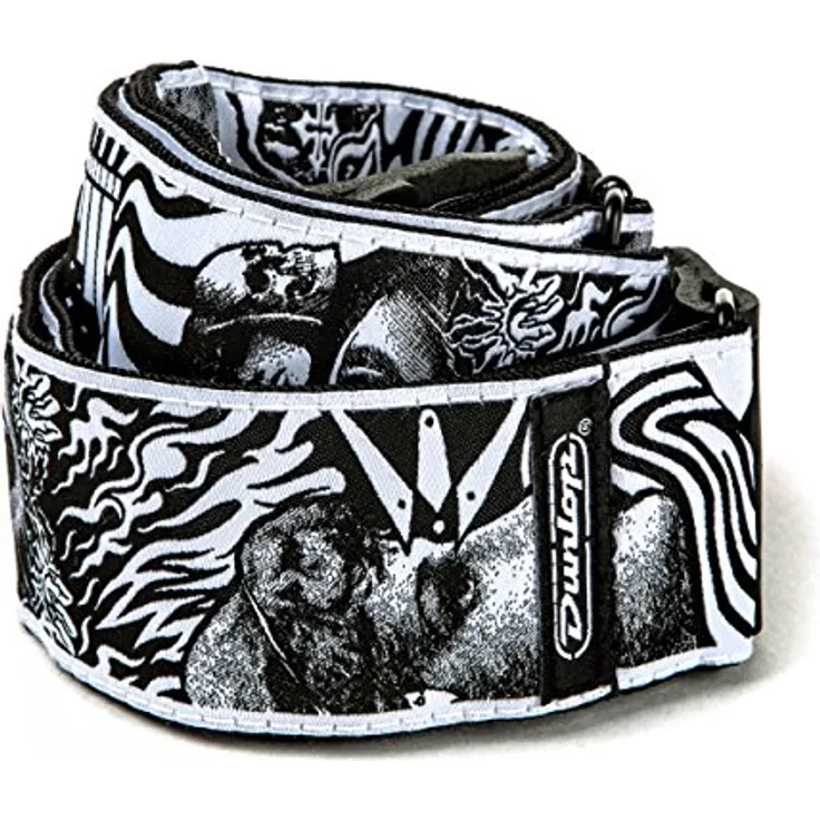Jim Dunlop Gitarrengurt I Love Dust - Skulls - Weiß/Schwarz, hochwertiger Gitarrengurt aus den USA mit attraktiven Totenkopf-Design