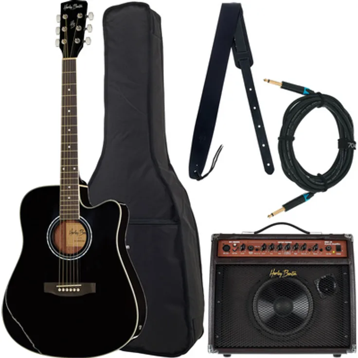 Harley Benton HBD120 CE BK Bundle, Westerngitarre mit Gigbag, Kabel und Gurt, schwarz