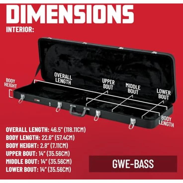 Gator Hardshell Case Bass, Gitarrenkoffer für E-Bass, Außenmaterial Kunstleder, Innenfutter schwarz, Maße: 1194mm x 356mm – Bild 4