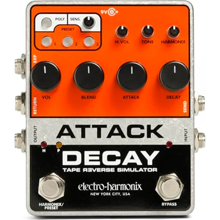 Electro Harmonix Attack Decay Tape Reverse Sim, Delay-Pedal für E-Gitarre mit Poly Mode, Harmonix Fuzz und 3 speicherbaren Presets