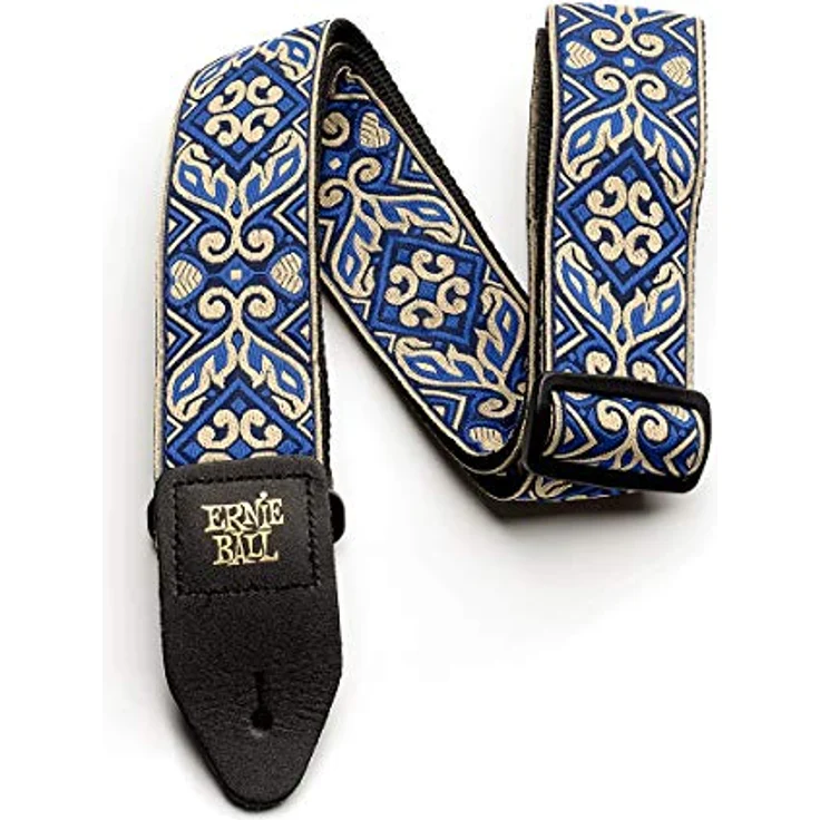 Ernie Ball E-Guitar Strap Tribal Blue, stabiler Gitarrengurt aus Polypropylen mit Leder-Enden, extra lange Ausführung 104-182 cm, Farbe Tribal Blue Jacquard, Made in USA – Bild 1