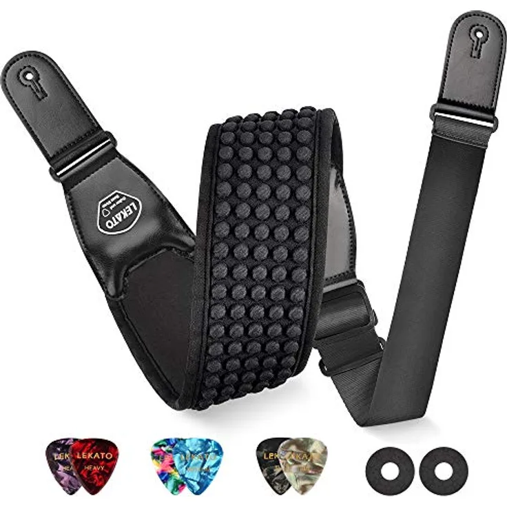 LEKATO 3D Filling Sponge Gitarrengurt für Bass & E-Gitarre, 3,5" breites Neopren Pad, verstellbare Länge 45" bis 55", mit 6 Gitarrenplektren
