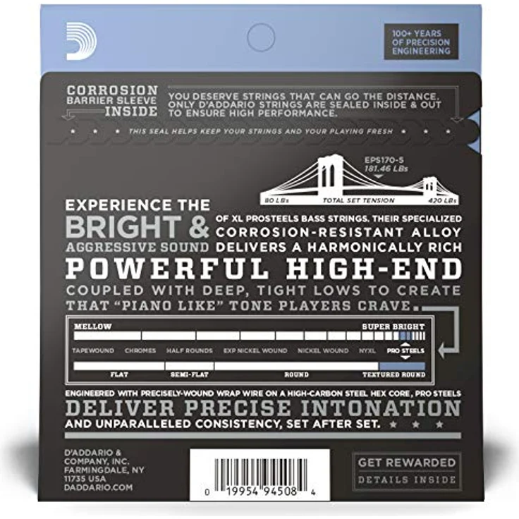 D'Addario EPS170-5 E Bass Gitarrensaiten, Saitensatz für 5-Saiter E-Bass, 0.045 - 0.130 Zoll, hochwertige Verarbeitung – Bild 2