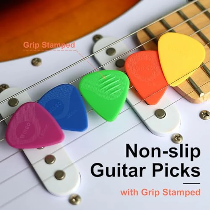 WINGO Gitarrenplektren, rutschfeste Plektren mit Griffprägung, 5 Stück in verschiedenen Stärken (073, 088, 1,0, 1,25, 1,5 mm) für Akustik-, E-Gitarre, Bass – Bild 2