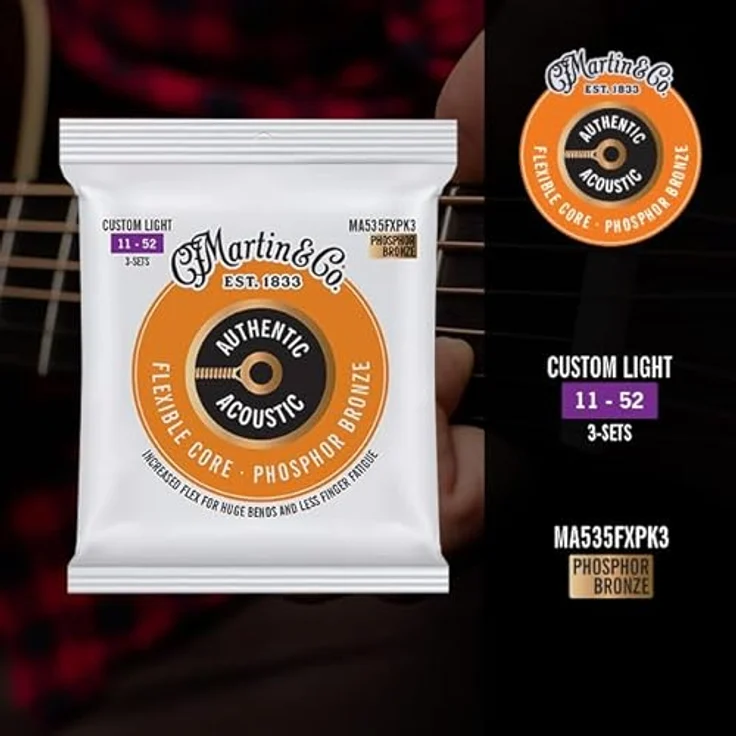 Martin 3er-Pack Akustikgitarrensaiten, Flexible Core Custom Light 11/52, 98/2 Phosphor Bronze (MA535FXPK3) – Bild 3