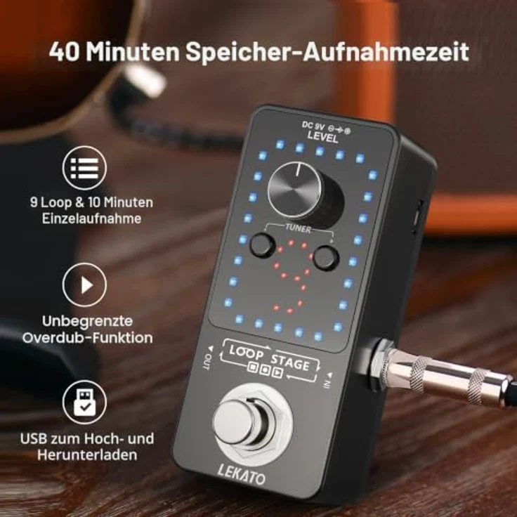 LEKATO Gitarren-Looper Effektpedal, 9 Loops mit 40 Minuten Aufnahmezeit, USB-Anschluss für E-Gitarre und Bassgitarre – Bild 4