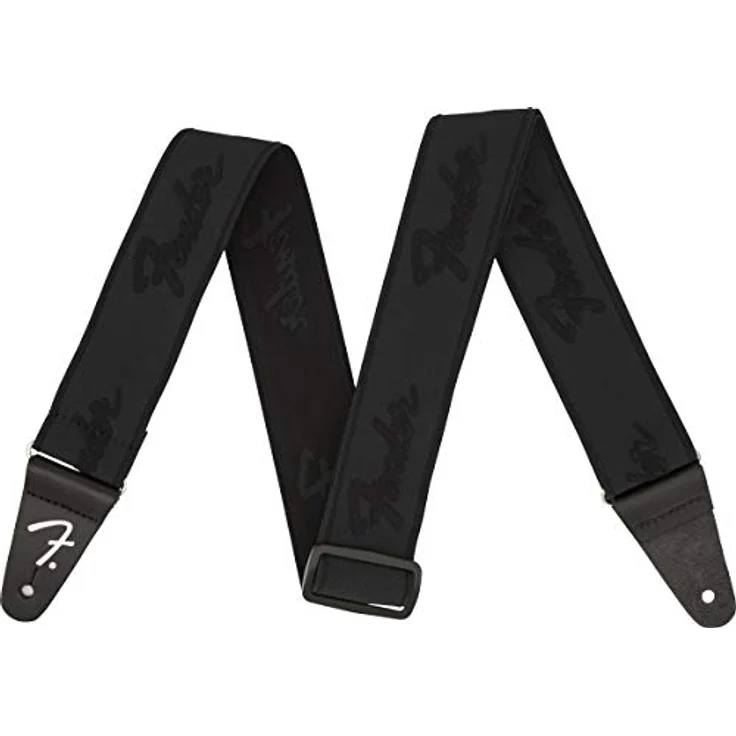 Fender Running Logo Strap BB, Gitarrengurt aus Polyester mit Elastan, verstellbar 111,70 cm - 133,30 cm, Farbe Schwarz, Lederenden, Made in Kanada – Bild 1