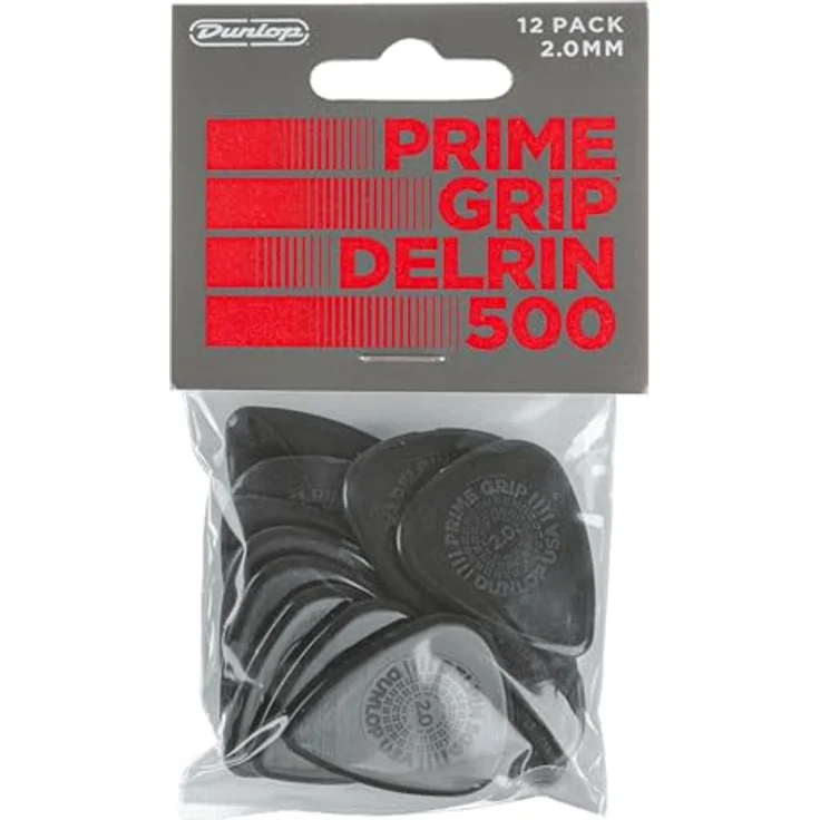 Jim Dunlop Plektrum Delrin 500 Prime Grip, 2,00mm, 12 Stück, Fat Sound und Slick Version, Low-Profile-Griff – Bild 1