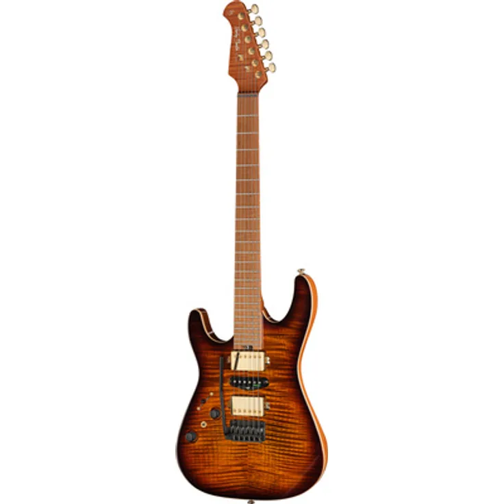 Harley Benton Fusion-IV HSH LH MN, Linkshänder E-Gitarre mit Nyatoh Korpus und Flame Bengal Burst Gloss