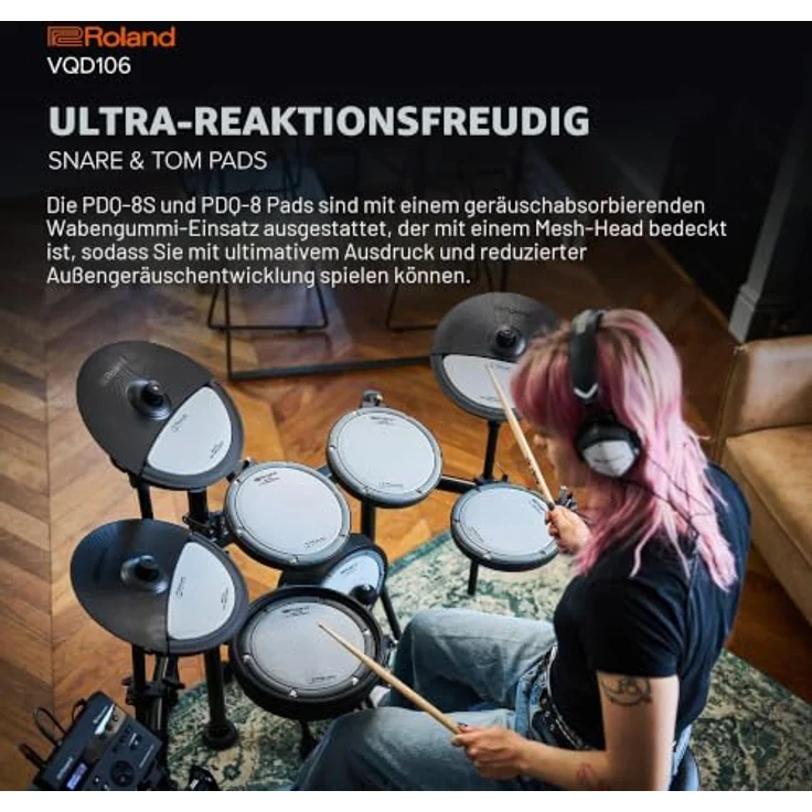 Roland VQD106 Drum Kit, E-Drum Set mit 75% Lautstärke-Reduktion, 25 Preset Kits, Bluetooth, inklusive neuartigen VQD Pads und 4-strebigem Racksystem – Bild 3