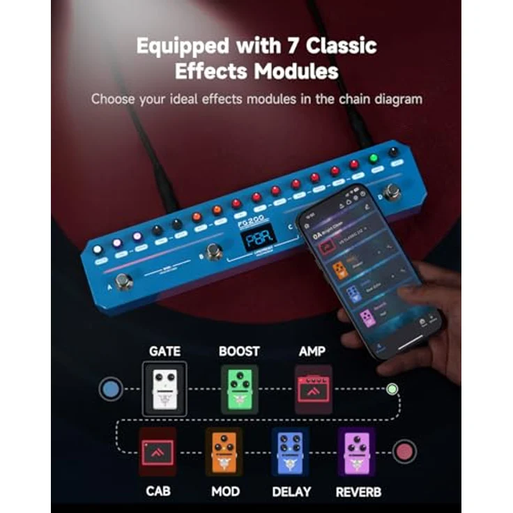 Flamma FG200 Effect Strip, Gitarren-Multieffekte mit 7 Effekt-Modulen, Bluetooth, integrierter Drum-Maschine und wiederaufladbarer Batterie – Bild 2