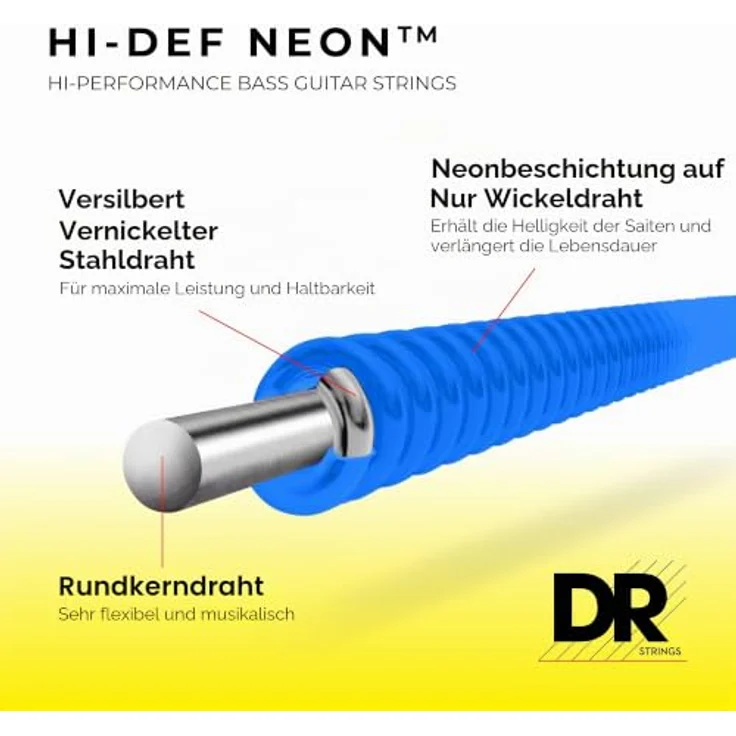 DR Strings Hi-Def Neon Blau NBB5-45, E-Bass Saiten Medium 45-125, mit K3-Beschichtung für längere Lebensdauer und klare Projektion – Bild 2