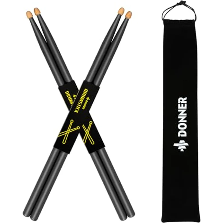 Donner 5A Drumsticks, Schwarz, klassisches Ahornholz, 2 Paar mit Tragetasche, korrosionsbeständig, umweltfreundlich – Bild 1