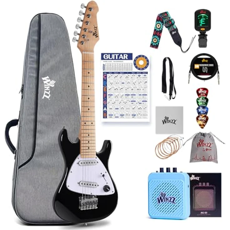 Winzz 30-Zoll E-Gitarren-Einsteiger-Set für Kinder, Junior-E-Gitarre in 1/4-Größe, komplettes Starter-Set mit Verstärker, glänzende schwarze Farbe, inkl. Zubehör und tragbarem Design – Bild 1