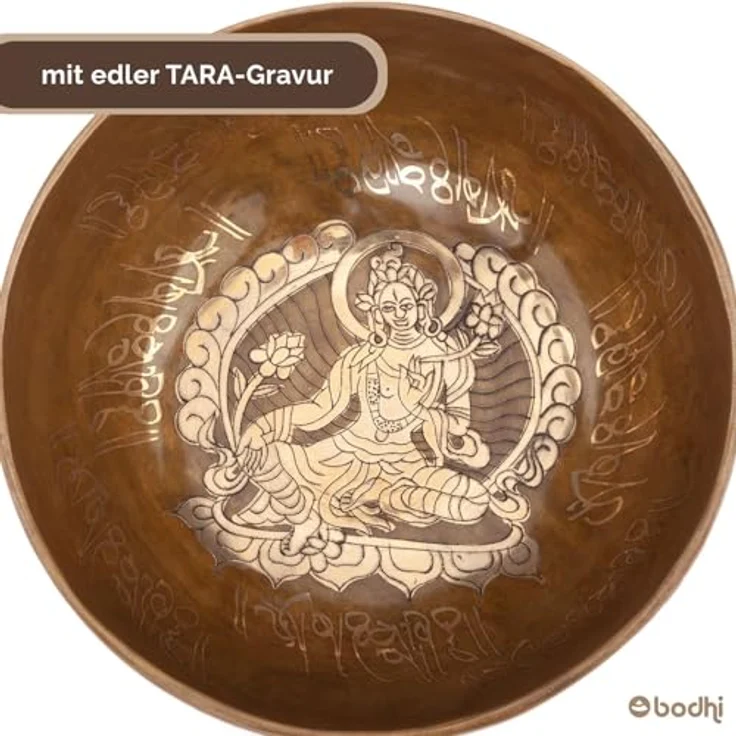 Bodhi Tibetische Klangschale Ø 19 cm, Handgefertigte Singing Bowl mit Tara Gravur, Bronze, Inkl. Klangschalenkissen & Klöppel, Ideales Meditationszubehör – Bild 5